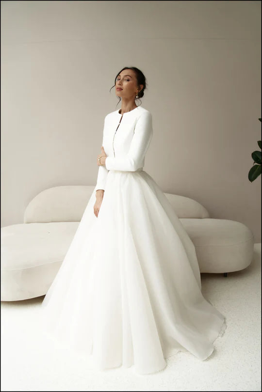 Bridal jacket in classic style with pearl buttons. Wedding coat for bride.
