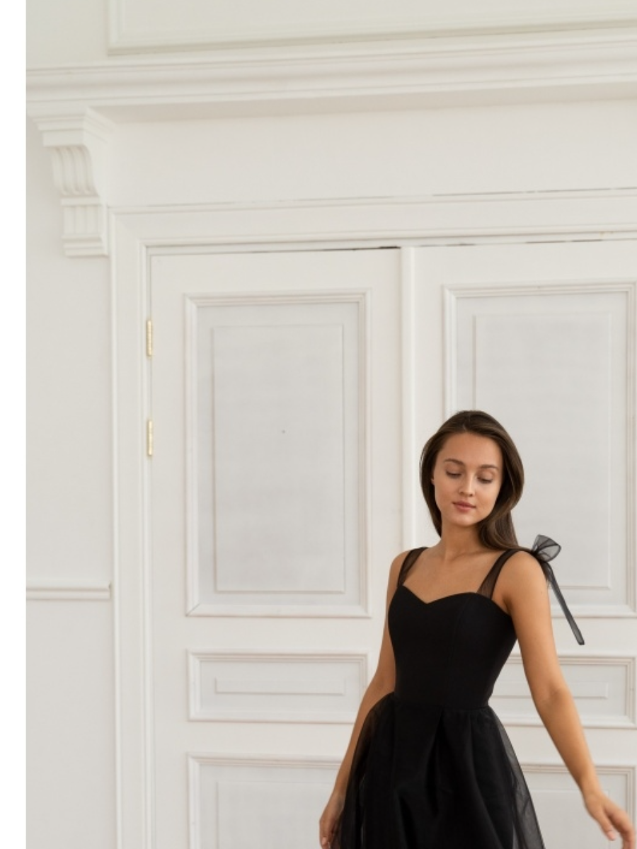 Short wedding dress, black wedding dress, reception dress, midi wedding dress, adjustable bows on shoulders, casual wedding dress