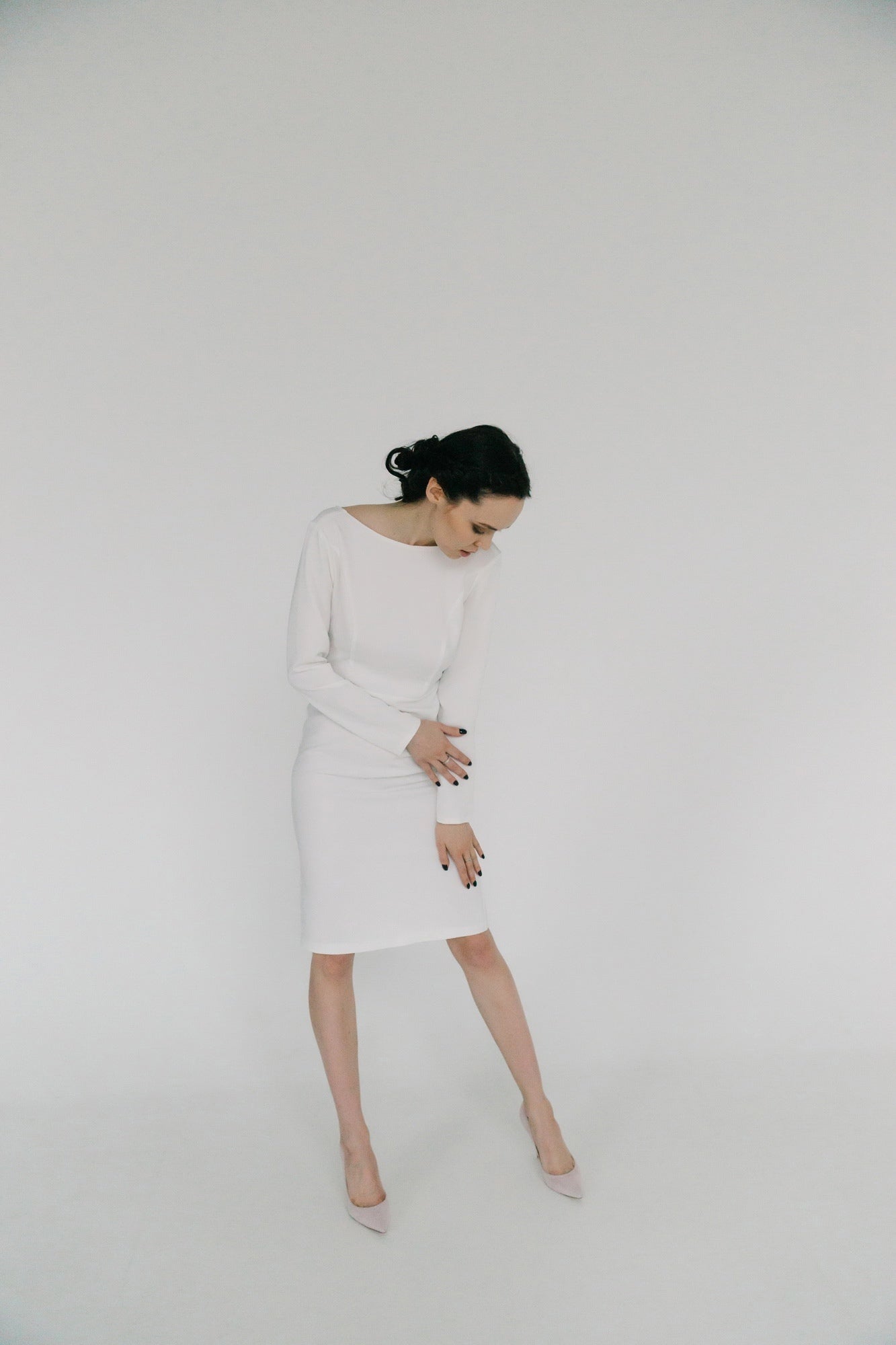 Simple wedding dress • midi wedding dress • tight wedding dress • short wedding dress • long sleeve wedding dress • open back wedding dress