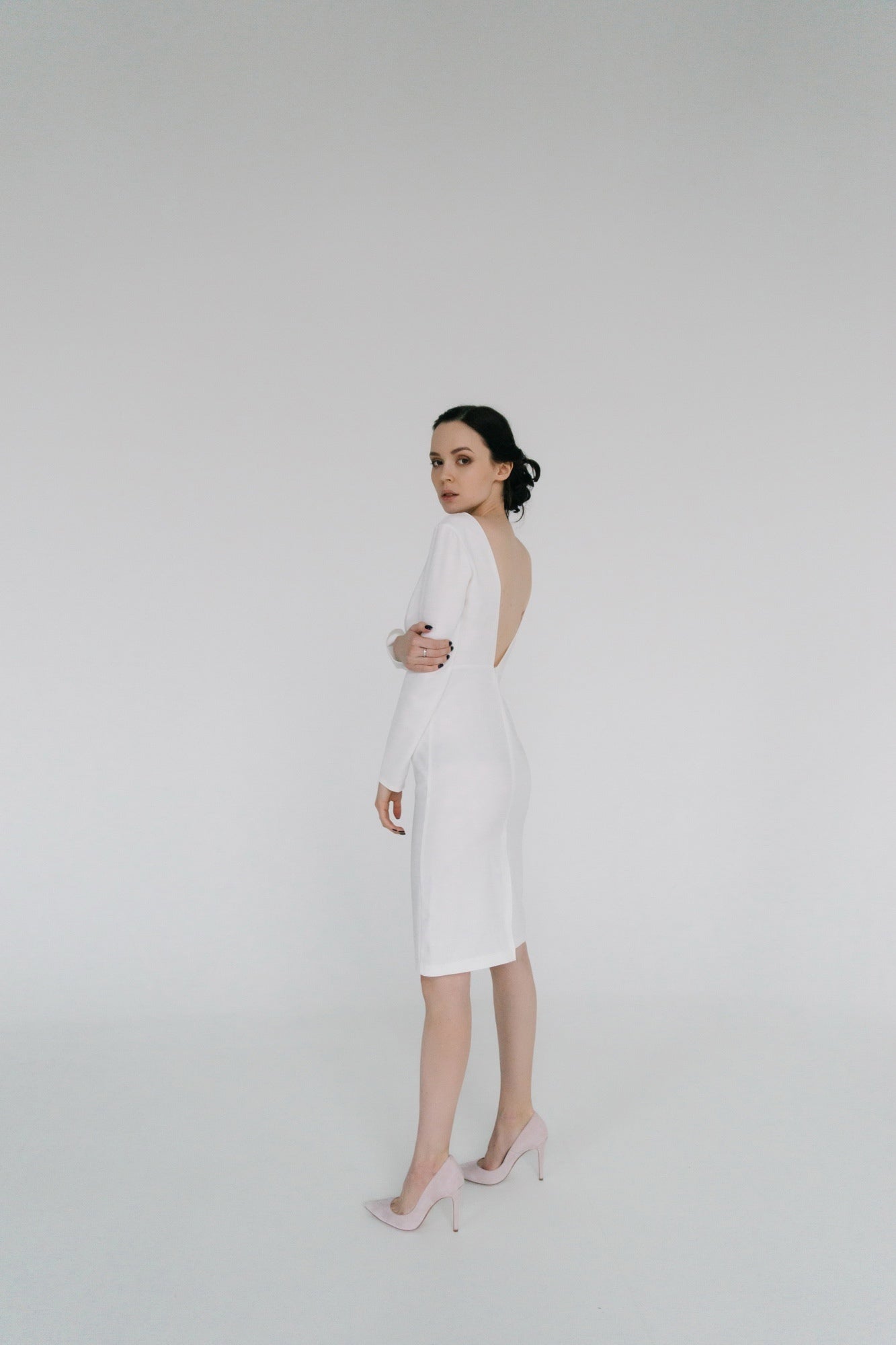 Simple wedding dress • midi wedding dress • tight wedding dress • short wedding dress • long sleeve wedding dress • open back wedding dress