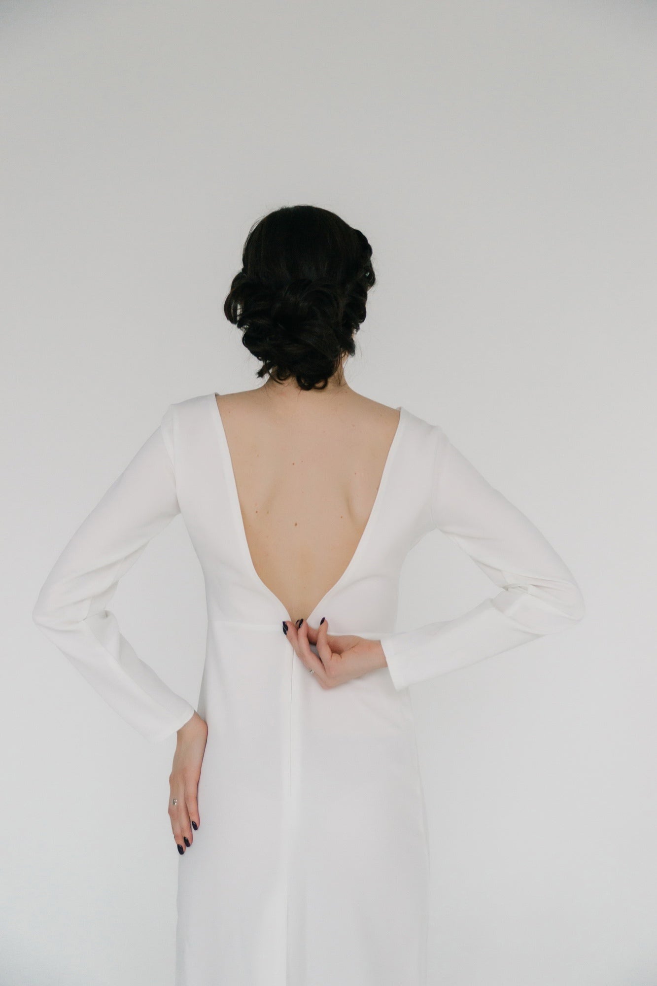 Simple wedding dress • midi wedding dress • tight wedding dress • short wedding dress • long sleeve wedding dress • open back wedding dress