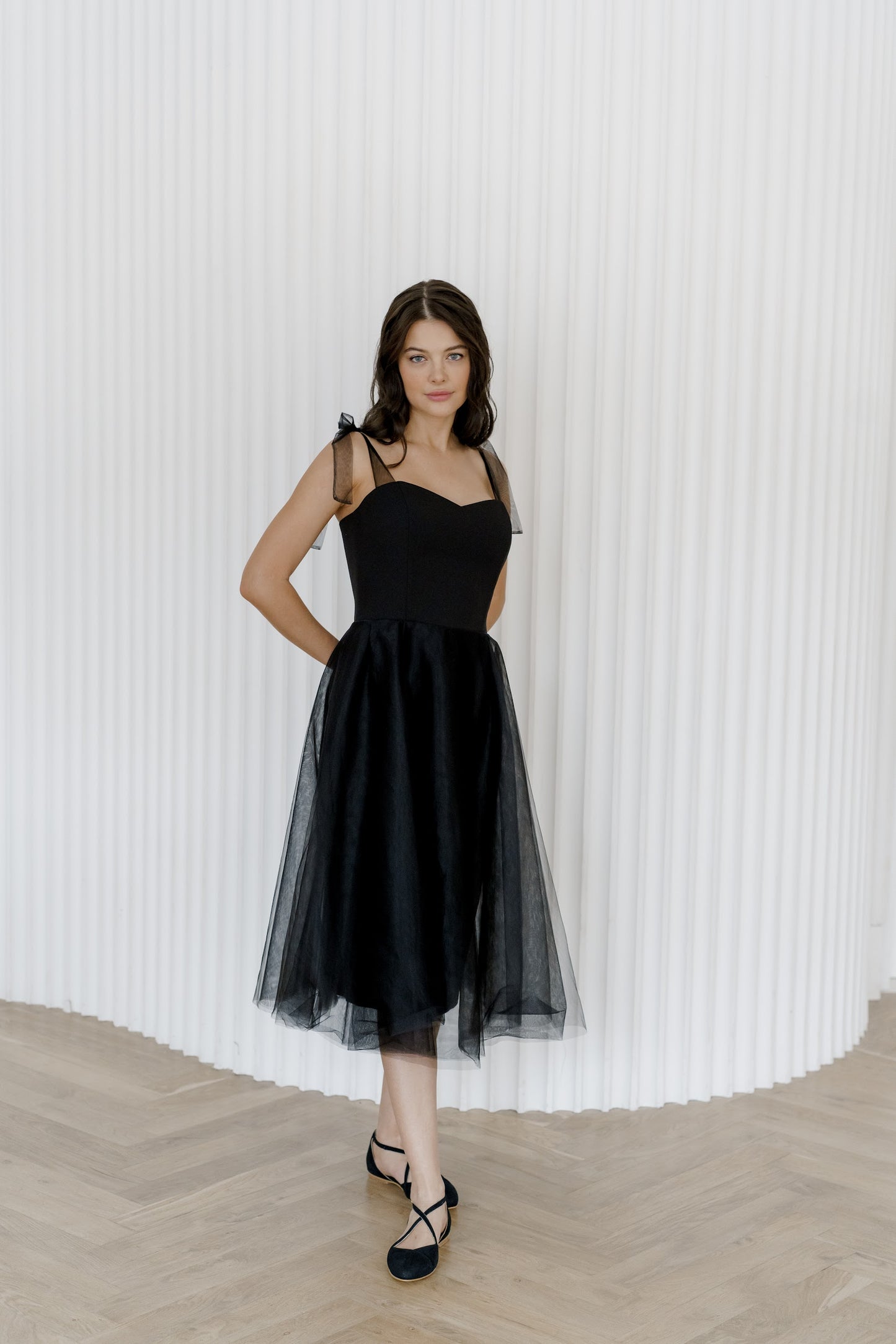Short wedding dress, black wedding dress, reception dress, midi wedding dress, adjustable bows on shoulders, casual wedding dress