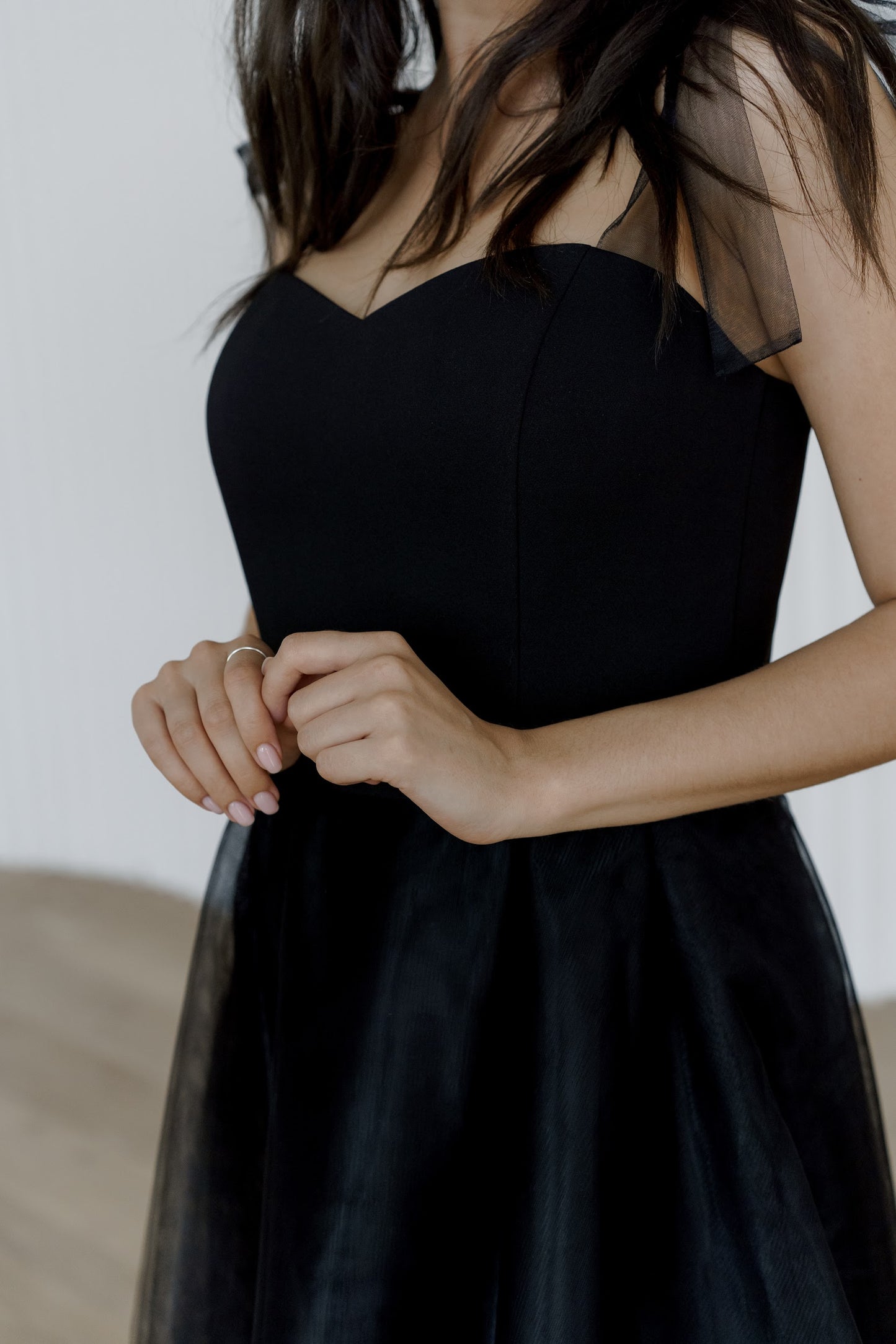 Short wedding dress, black wedding dress, reception dress, midi wedding dress, adjustable bows on shoulders, casual wedding dress