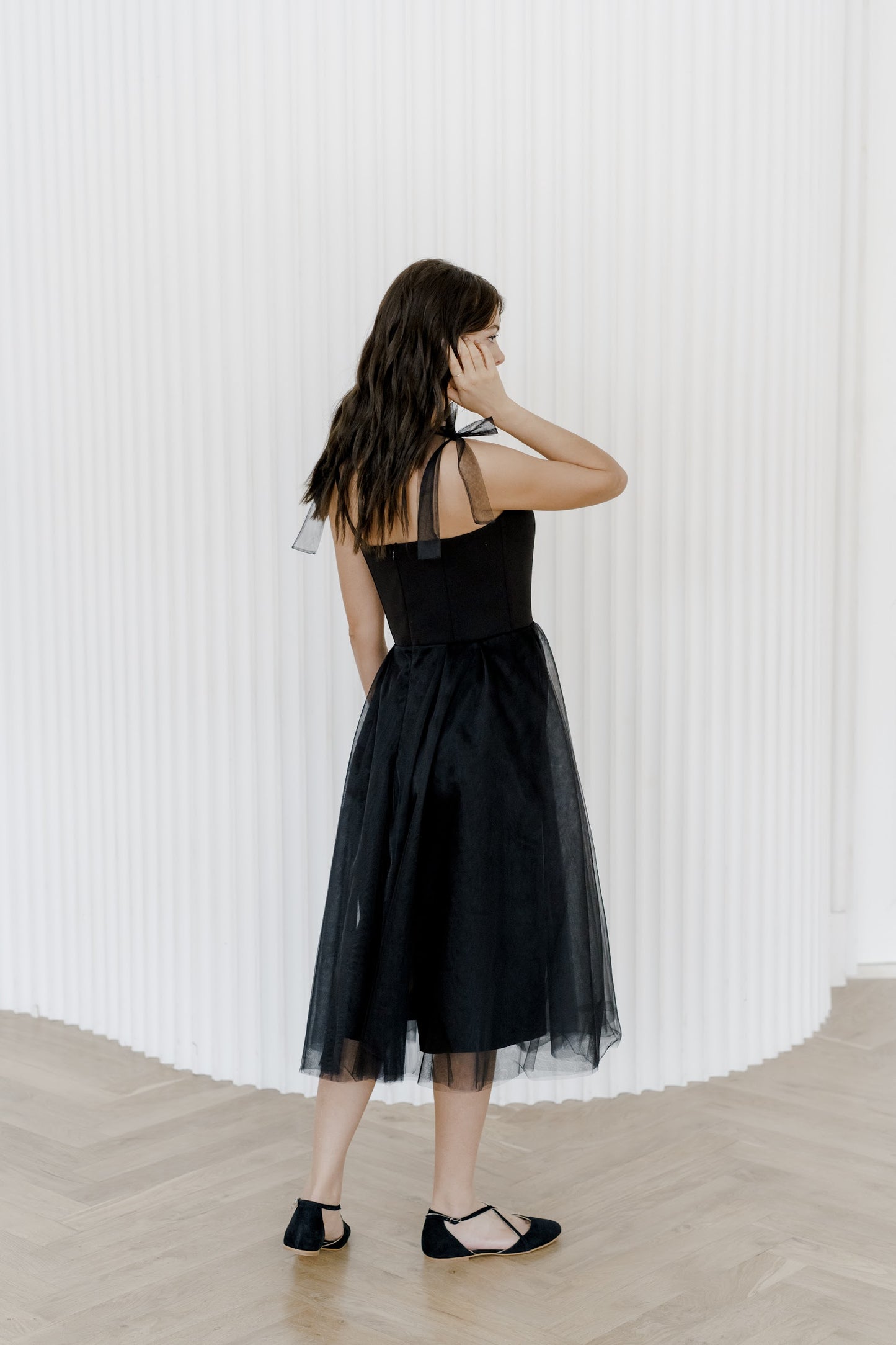 Short wedding dress, black wedding dress, reception dress, midi wedding dress, adjustable bows on shoulders, casual wedding dress