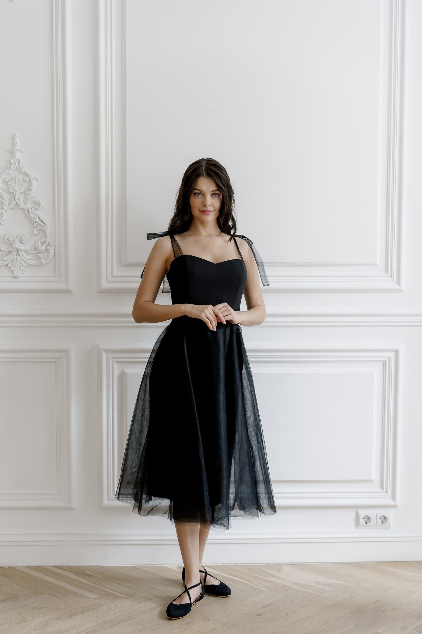 Short wedding dress, black wedding dress, reception dress, midi wedding dress, adjustable bows on shoulders, casual wedding dress