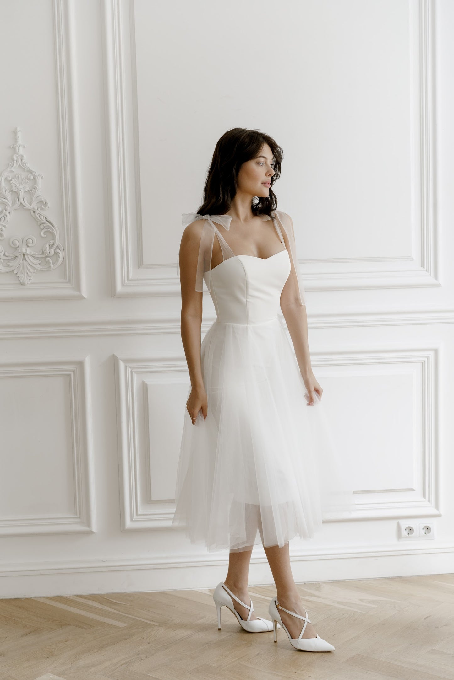Short wedding dress • midi satin wedding dress • modern wedding dress with adjustable bows • reception dress