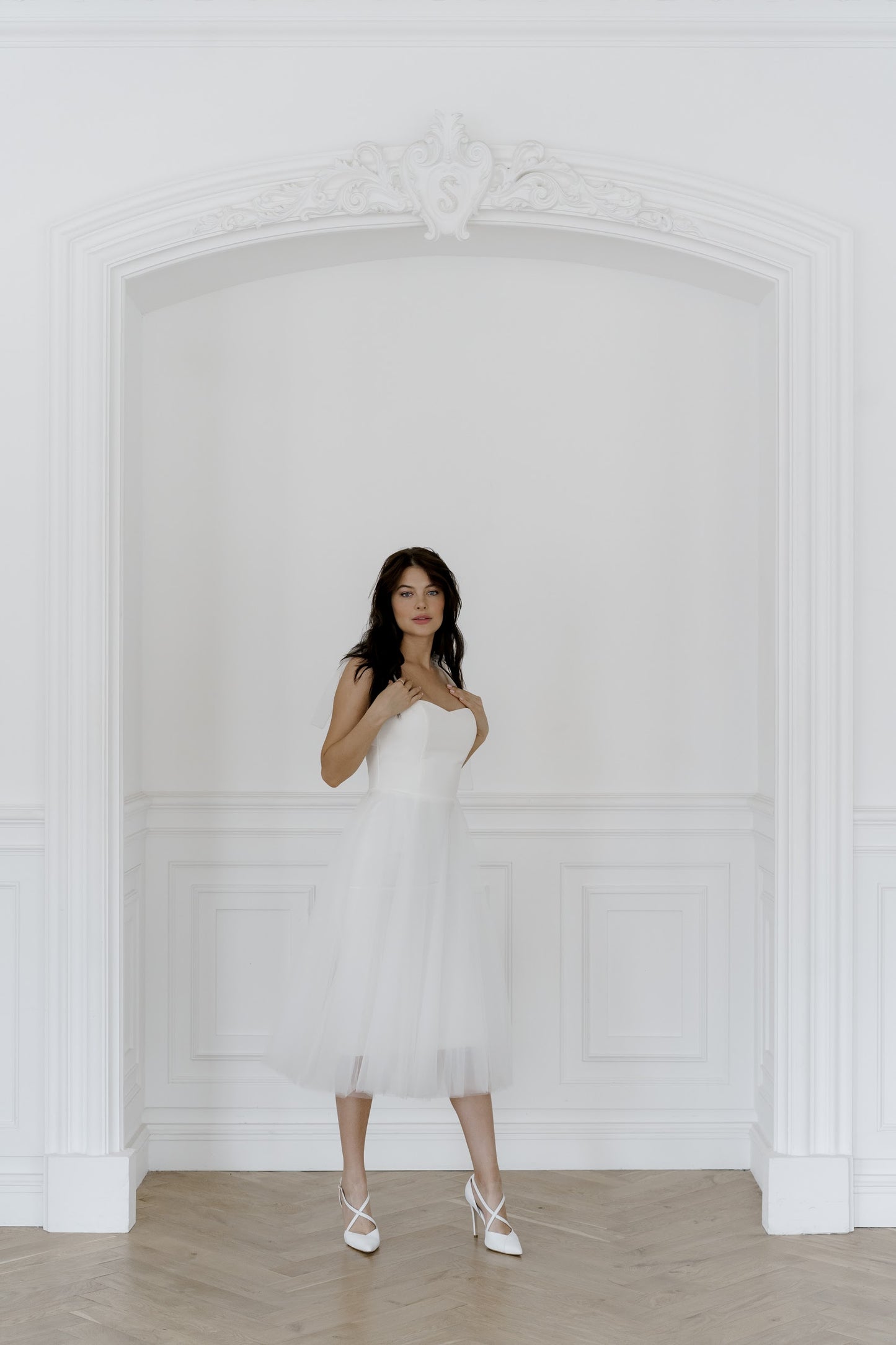 Short wedding dress • midi satin wedding dress • modern wedding dress with adjustable bows • reception dress
