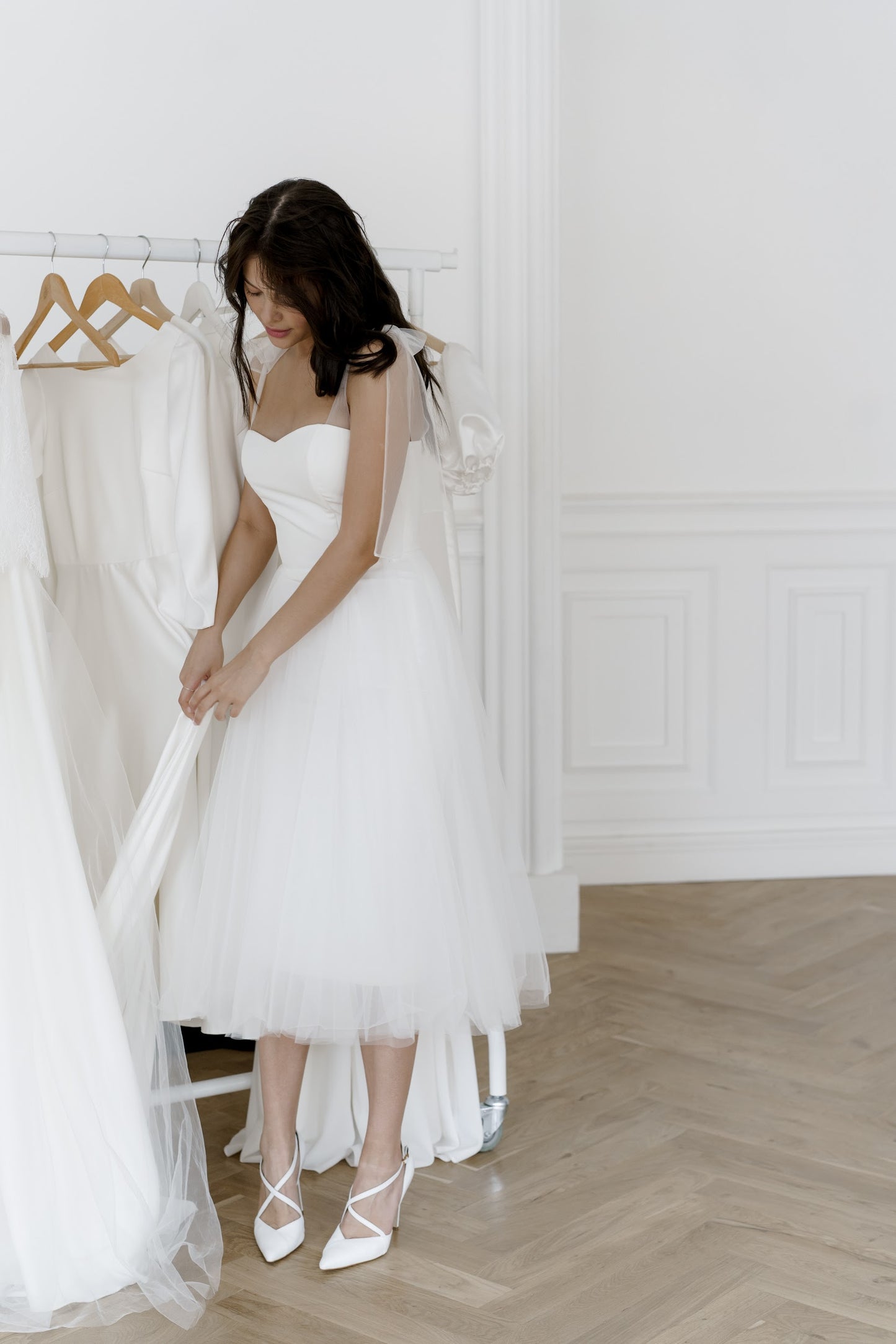 Short wedding dress • midi satin wedding dress • modern wedding dress with adjustable bows • reception dress