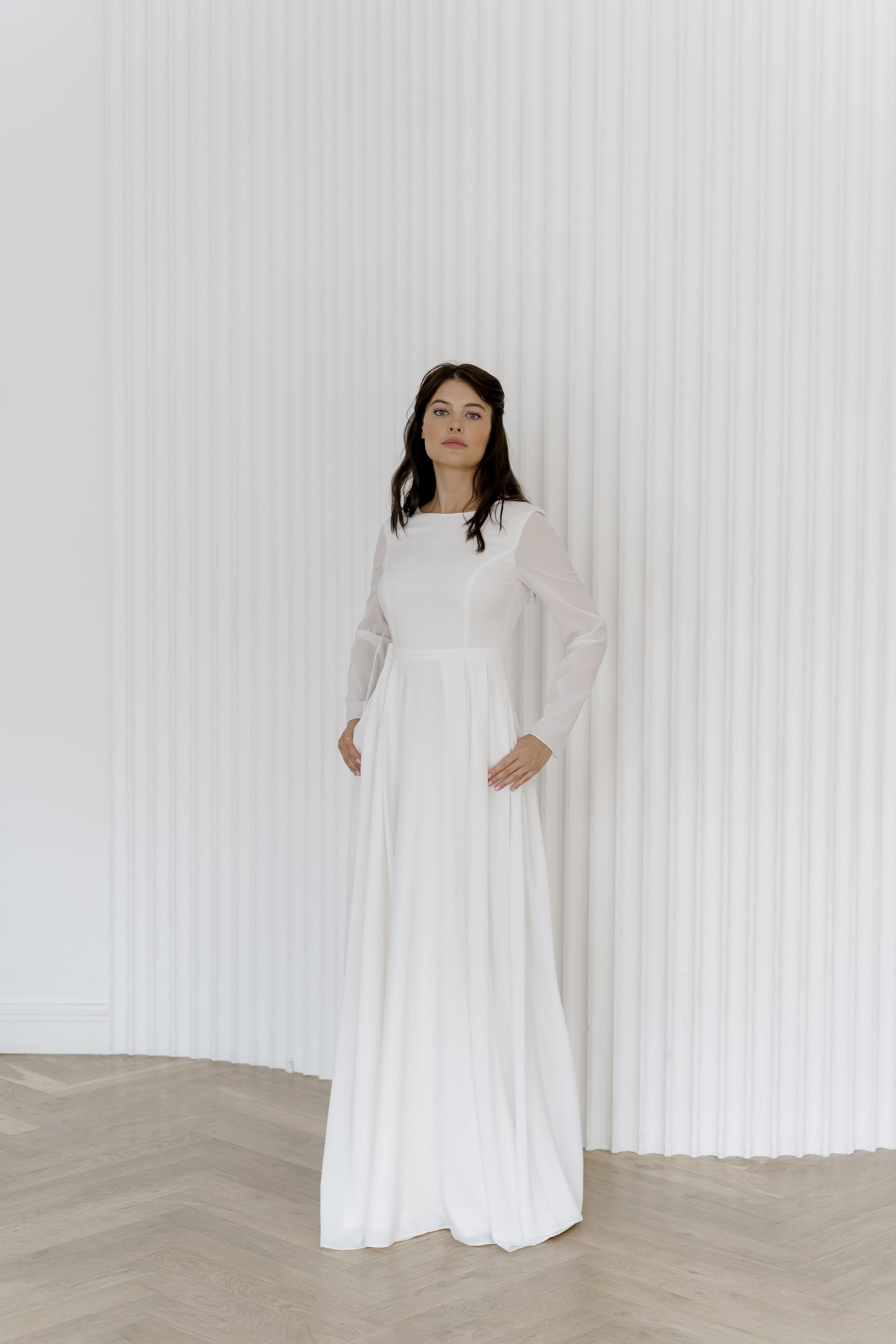 Modest wedding dress with pockets, A-Line dress, long sleeves crepe wedding dress