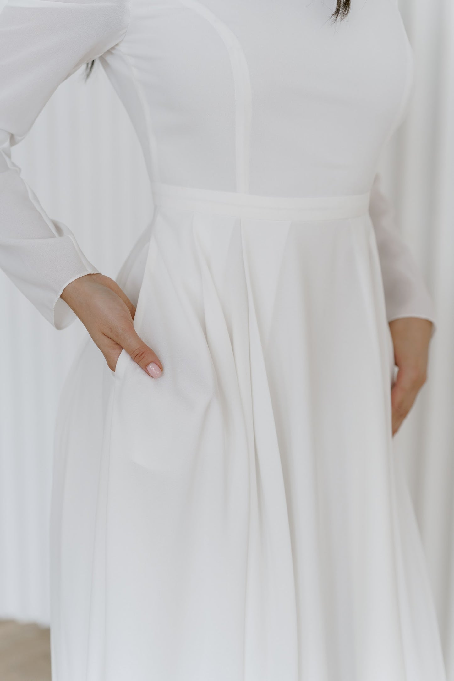 Modest wedding dress with pockets, A-Line dress, long sleeves crepe wedding dress