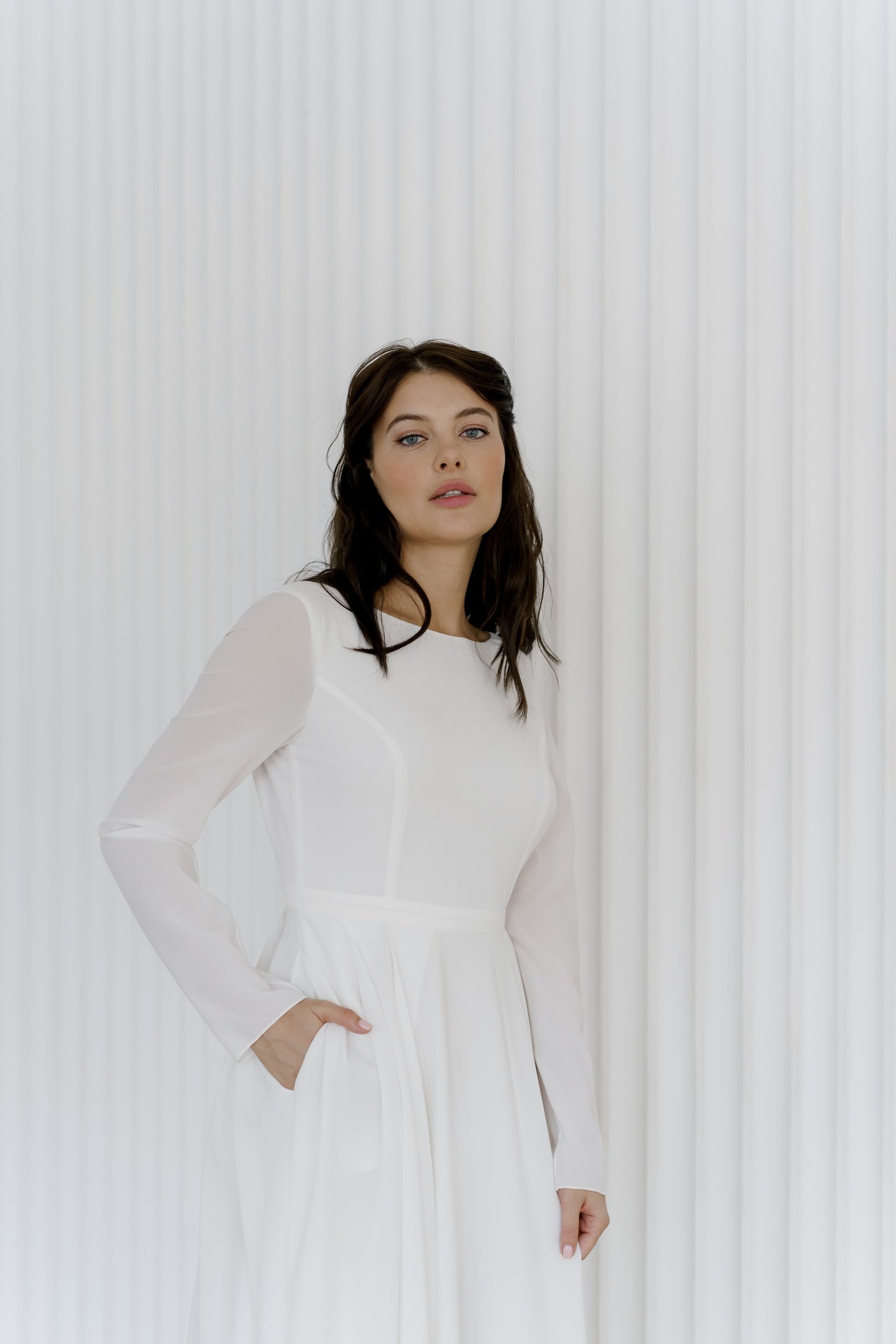 Modest wedding dress with pockets, A-Line dress, long sleeves crepe wedding dress