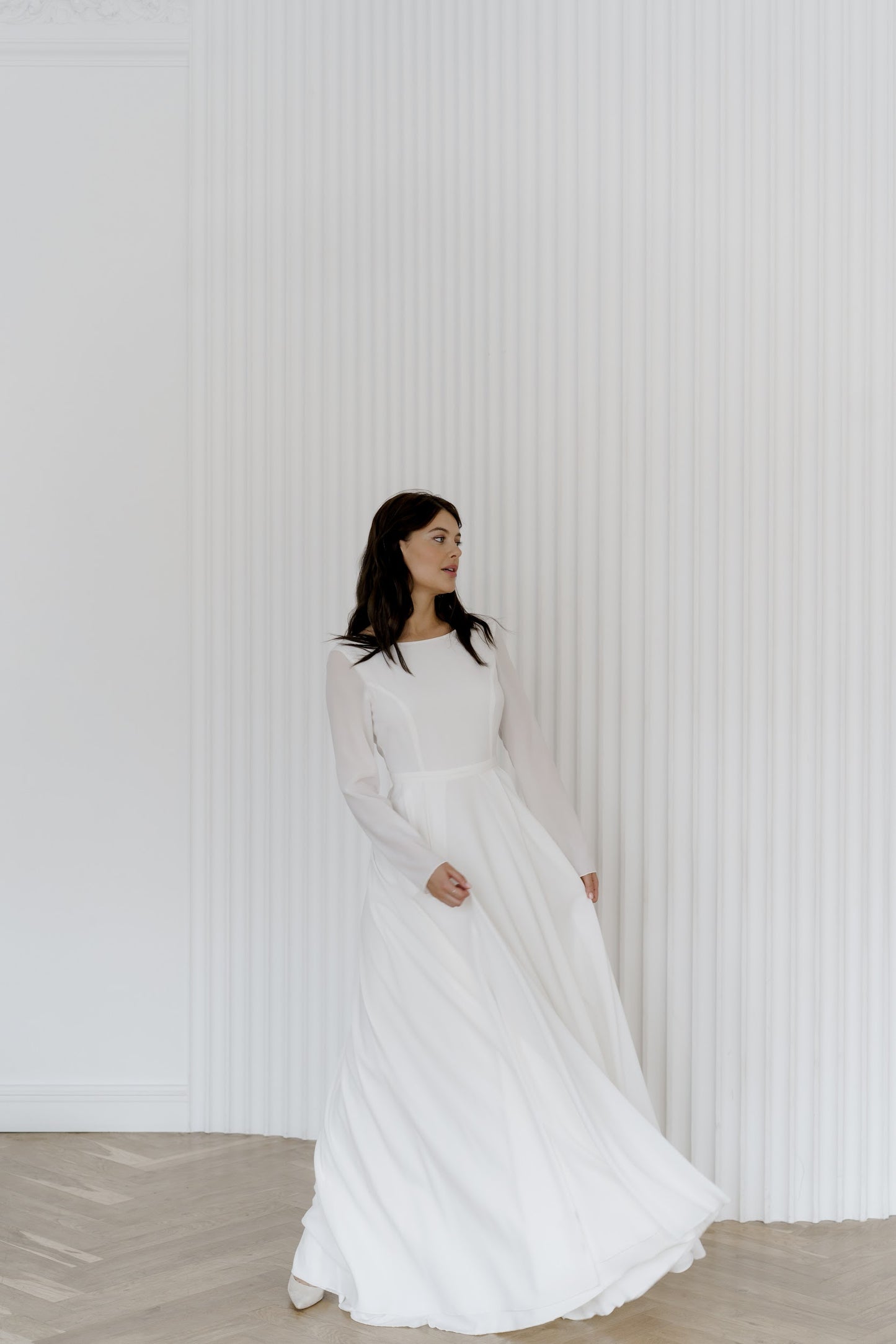 Modest wedding dress with pockets, A-Line dress, long sleeves crepe wedding dress