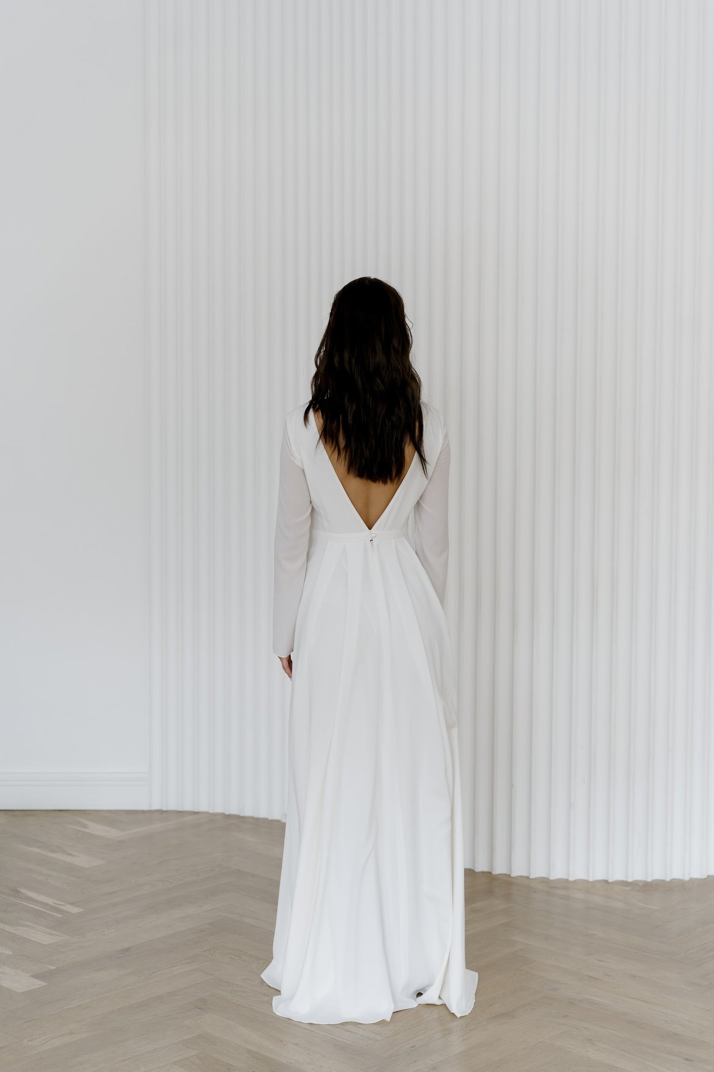 Modest wedding dress with pockets, A-Line dress, long sleeves crepe wedding dress
