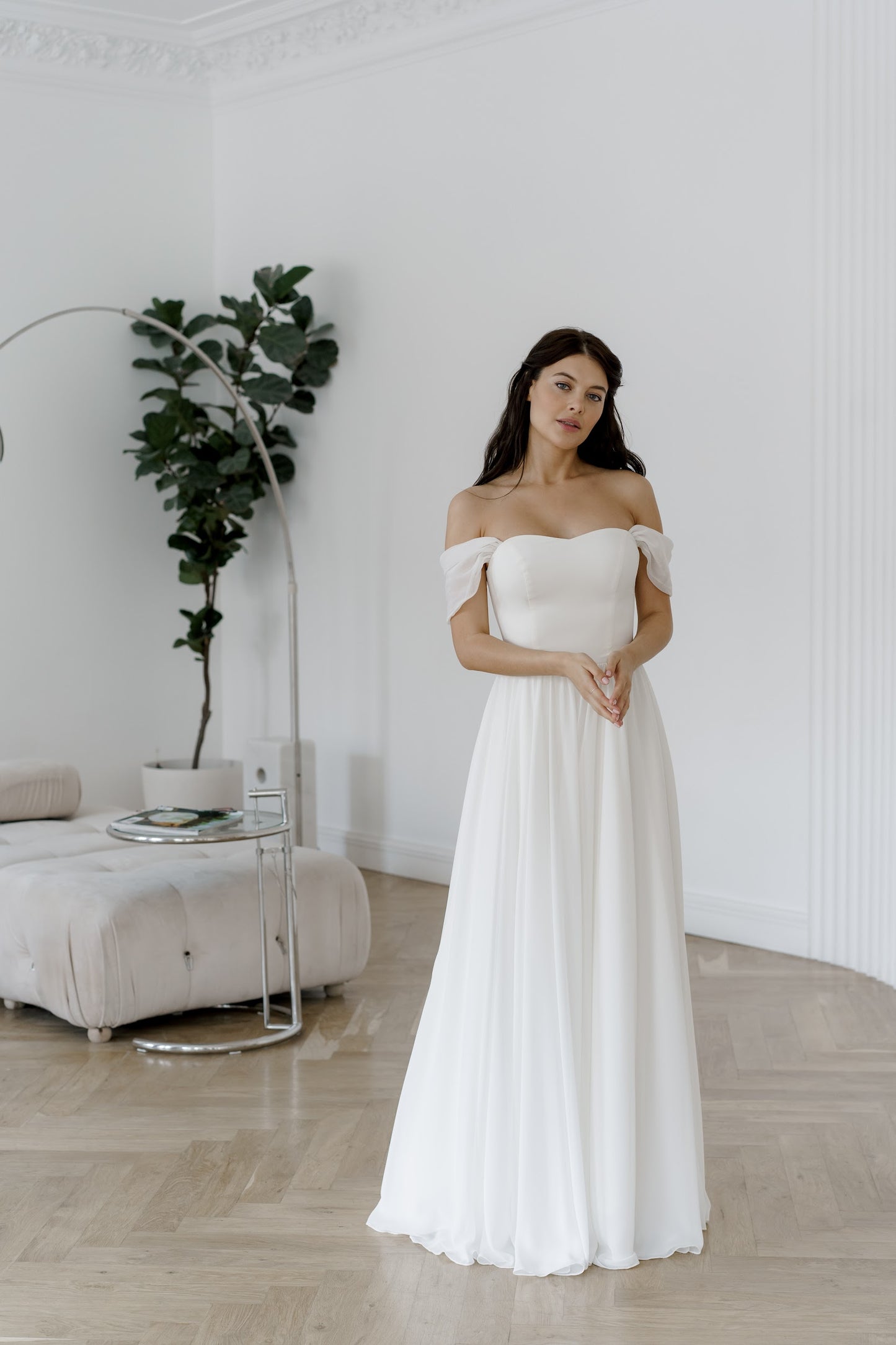 Off shoulder wedding dress • chiffon wedding dress • classic bridal gown
