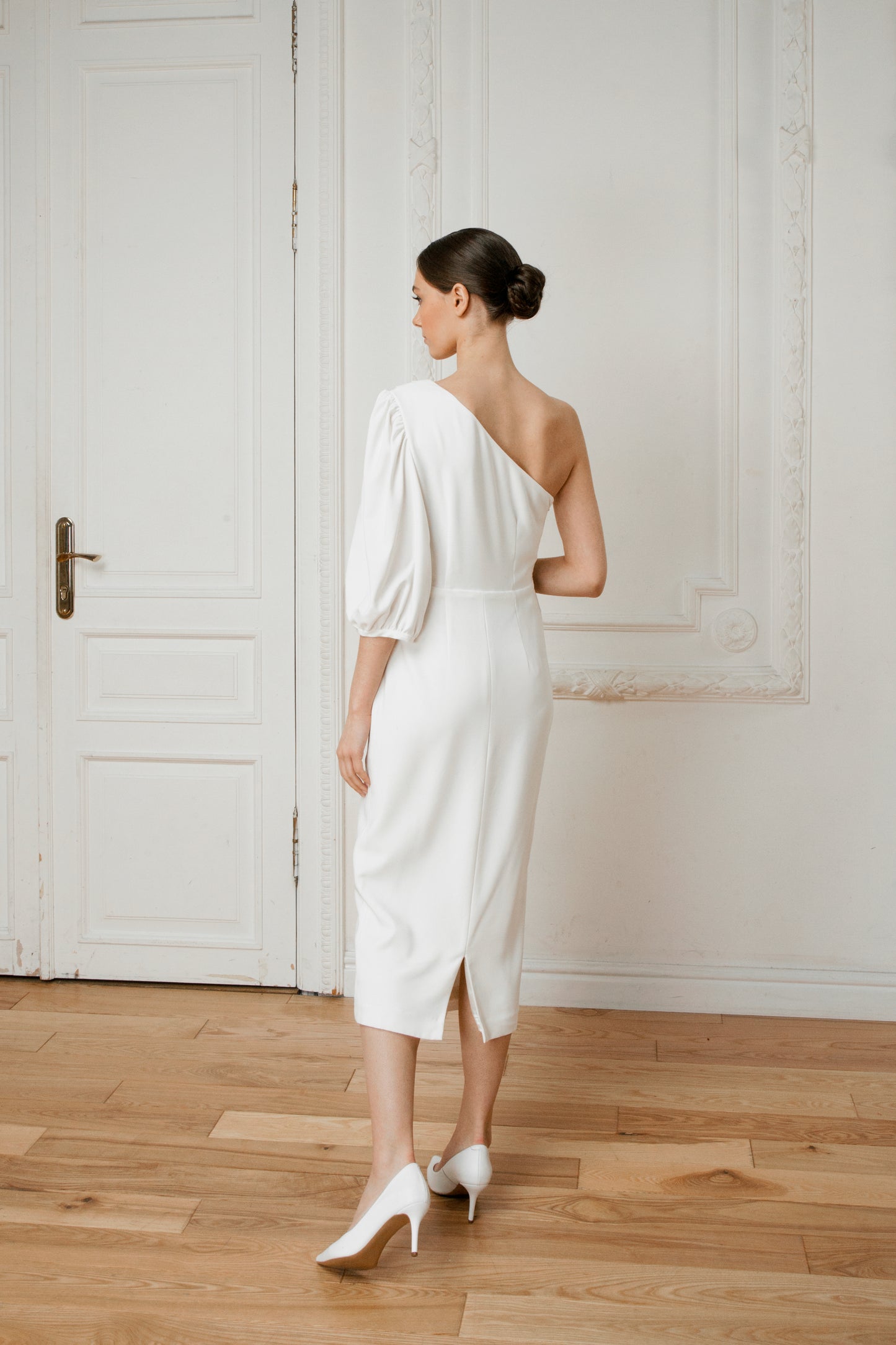 Simple wedding dress • long sleeve wedding dress • short midi star wedding dress • off the shoulder wedding dress • rehearsal dinner dress