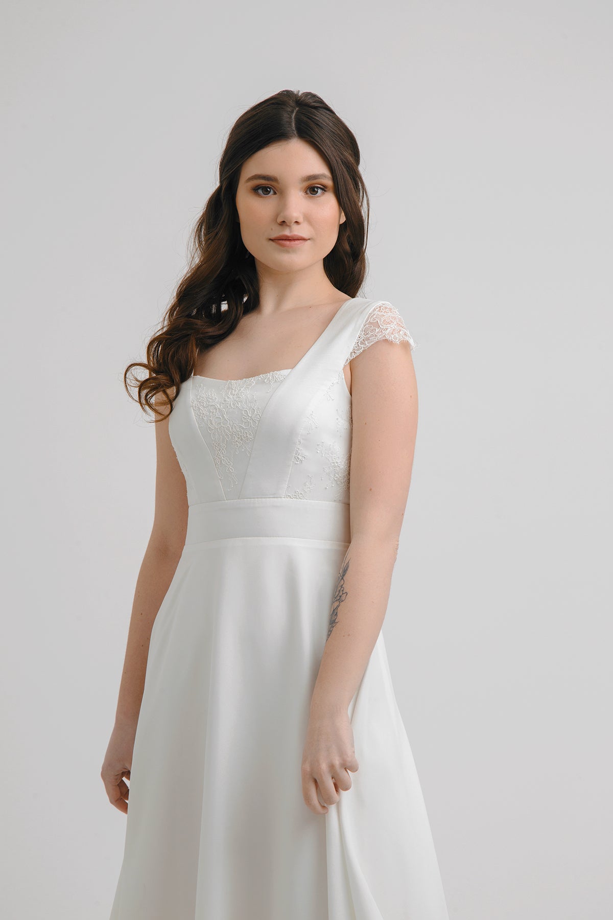 Tea length wedding dress • short wedding dress • midi wedding dress • lace wedding dress • minimalist wedding dress • reception wedding dress