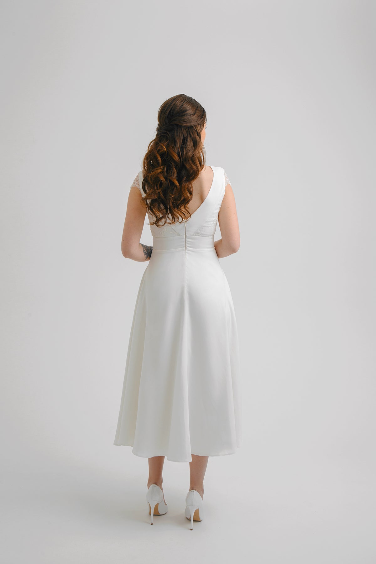 Tea length wedding dress • short wedding dress • midi wedding dress • lace wedding dress • minimalist wedding dress • reception wedding dress
