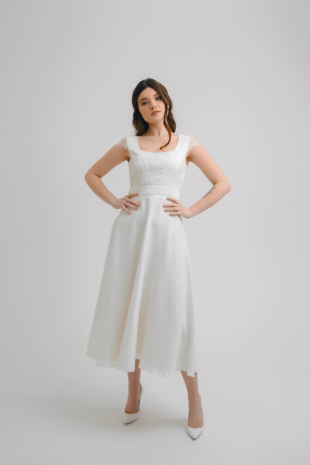 Tea length wedding dress • short wedding dress • midi wedding dress • lace wedding dress • minimalist wedding dress • reception wedding dress