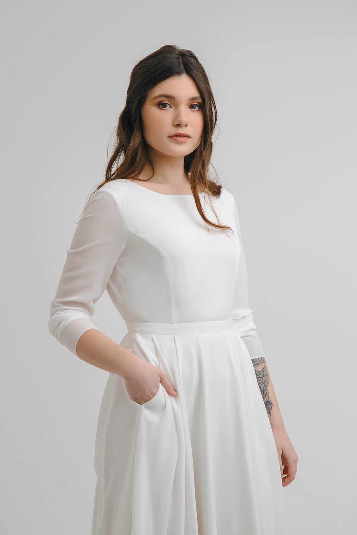 Modest wedding dress with pockets, A-Line dress, long sleeves crepe wedding dress