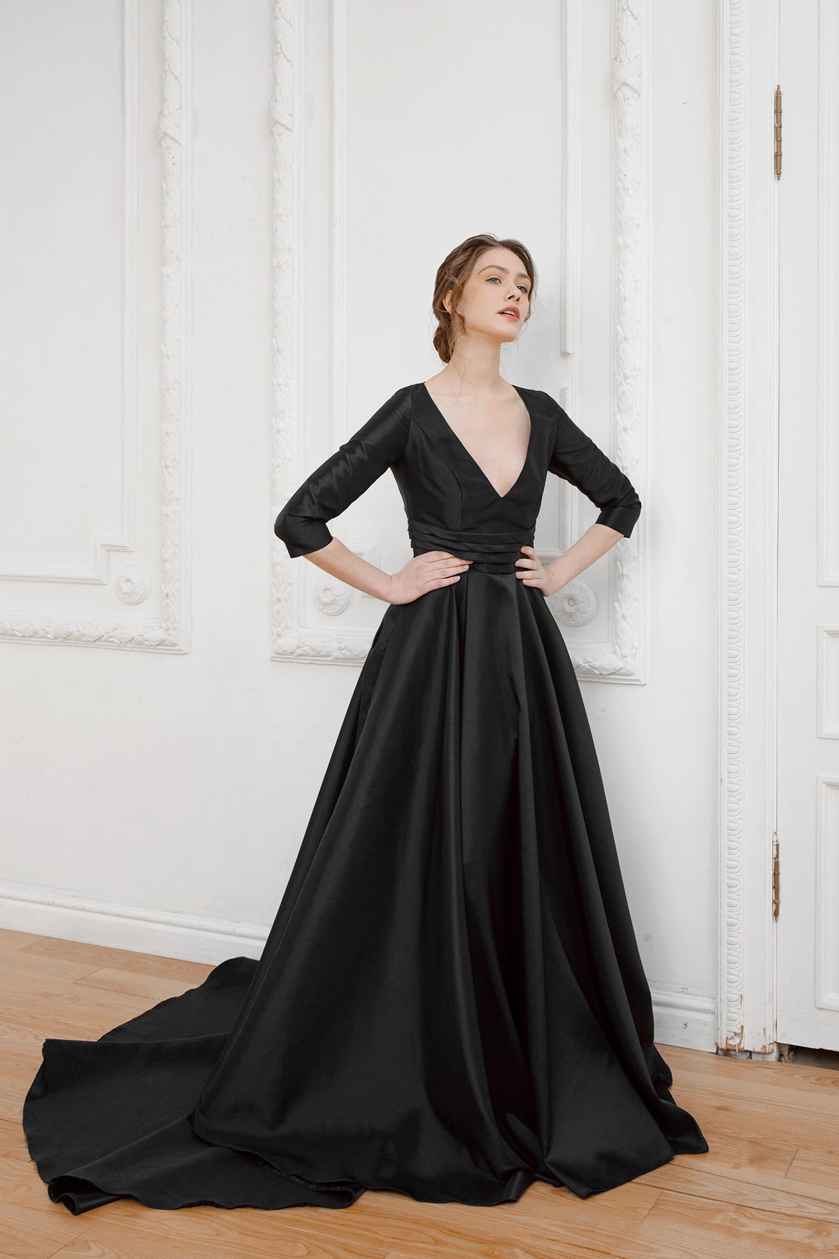 Long sleeve wedding dress • simple wedding dress • deep v-neck • minimalist wedding dress • elegant bridal gown • modest wedding dress