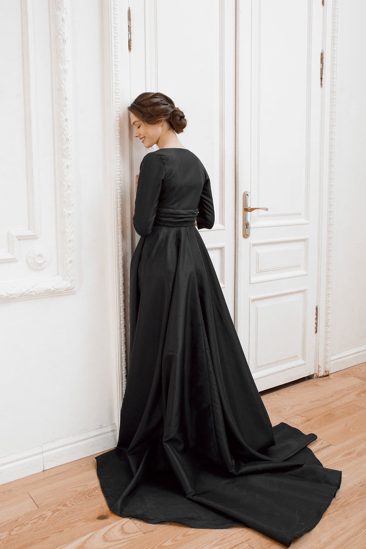 Long sleeve wedding dress • simple wedding dress • deep v-neck • minimalist wedding dress • elegant bridal gown • modest wedding dress