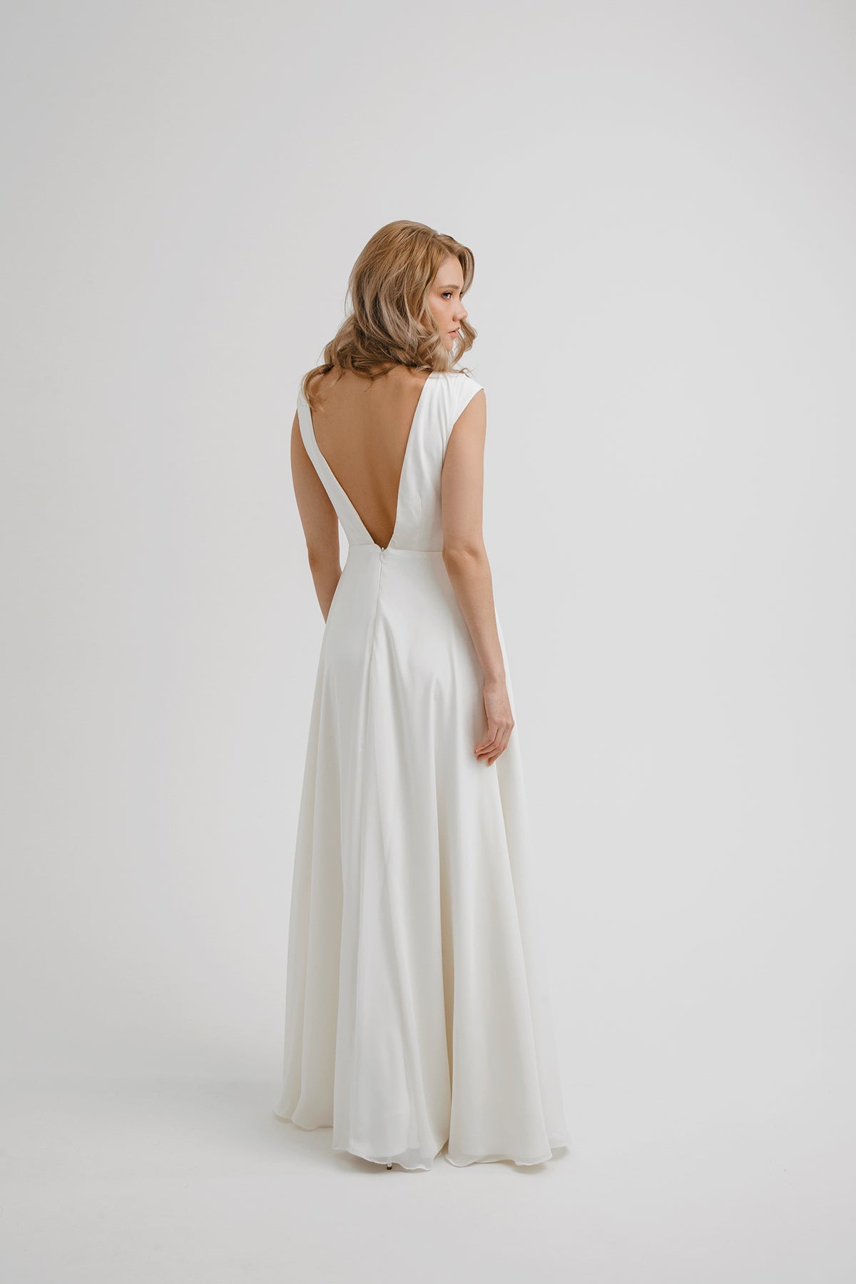 Chiffon wedding dress • simple wedding dress • cap sleeve with open back • minimalist wedding dress • a-line wedding dress