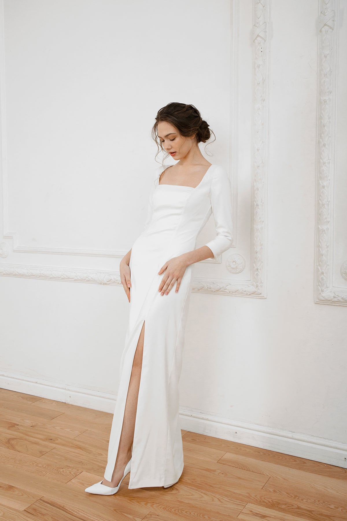 Sexy wedding dress with square neckline • simple wedding dress • crepe wedding dress • reception dress • long sleeve dress