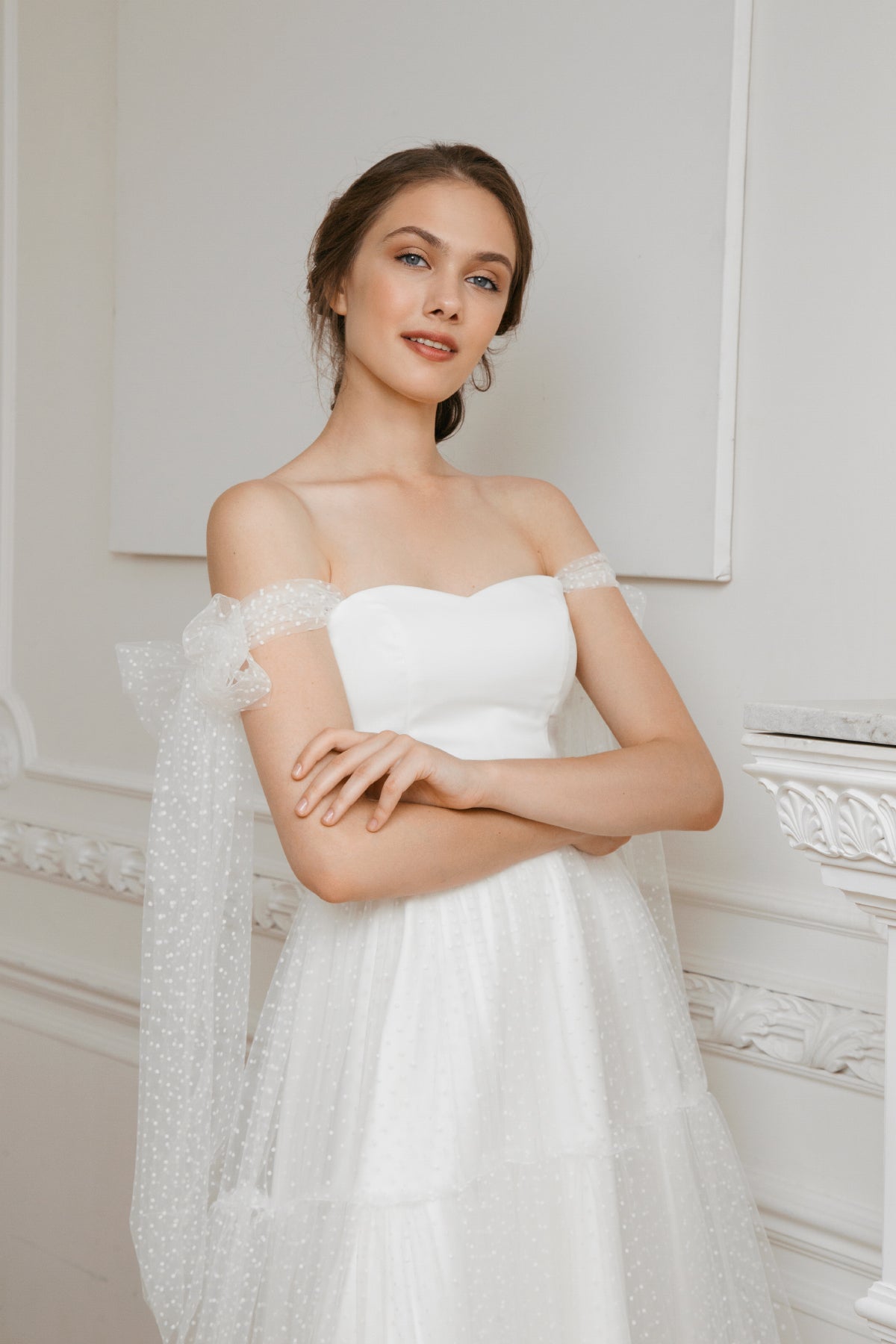 Midi tulle wedding dress • minimalist off shoulder dress • 50s wedding • tea length