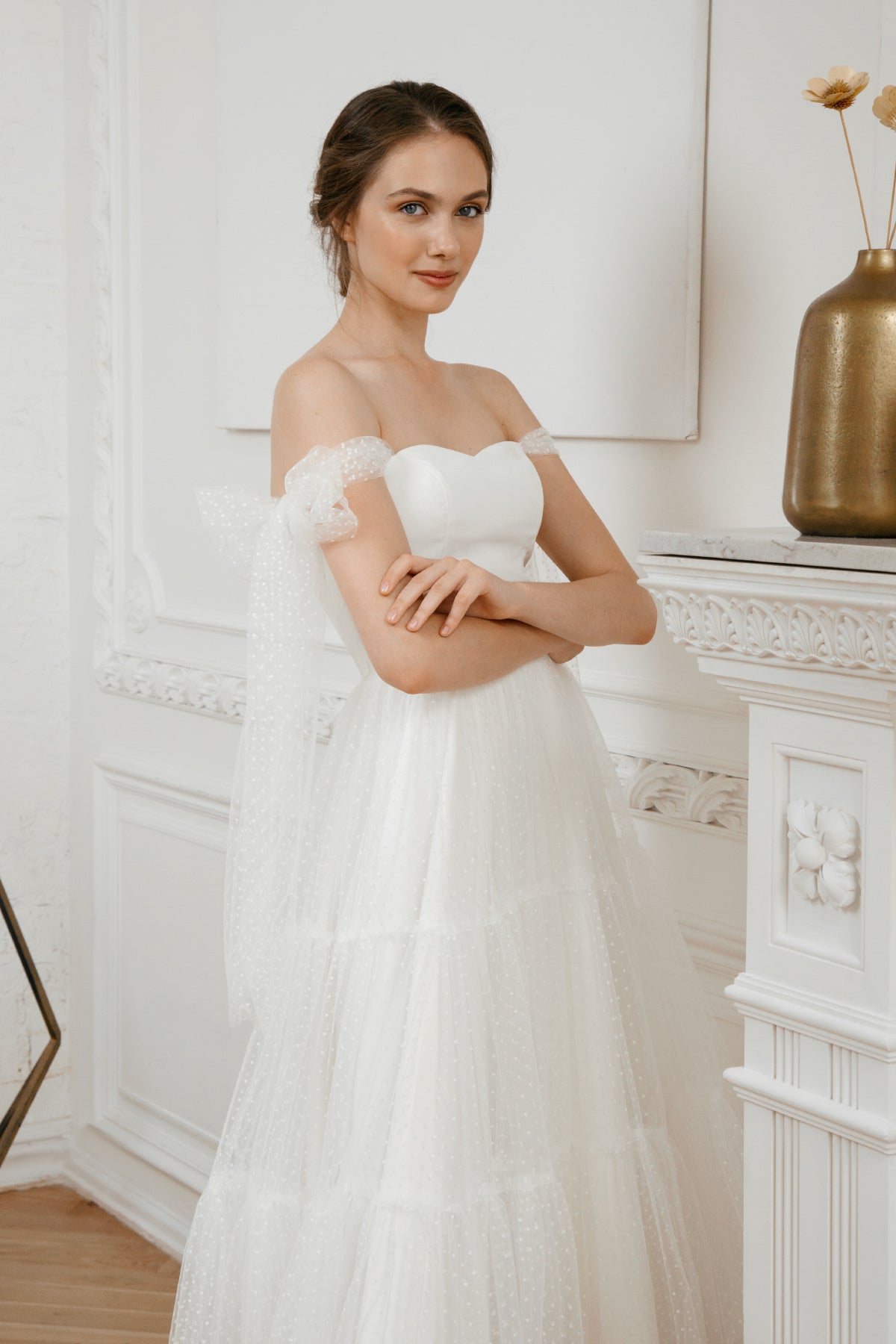 Midi tulle wedding dress • minimalist off shoulder dress • 50s wedding • tea length