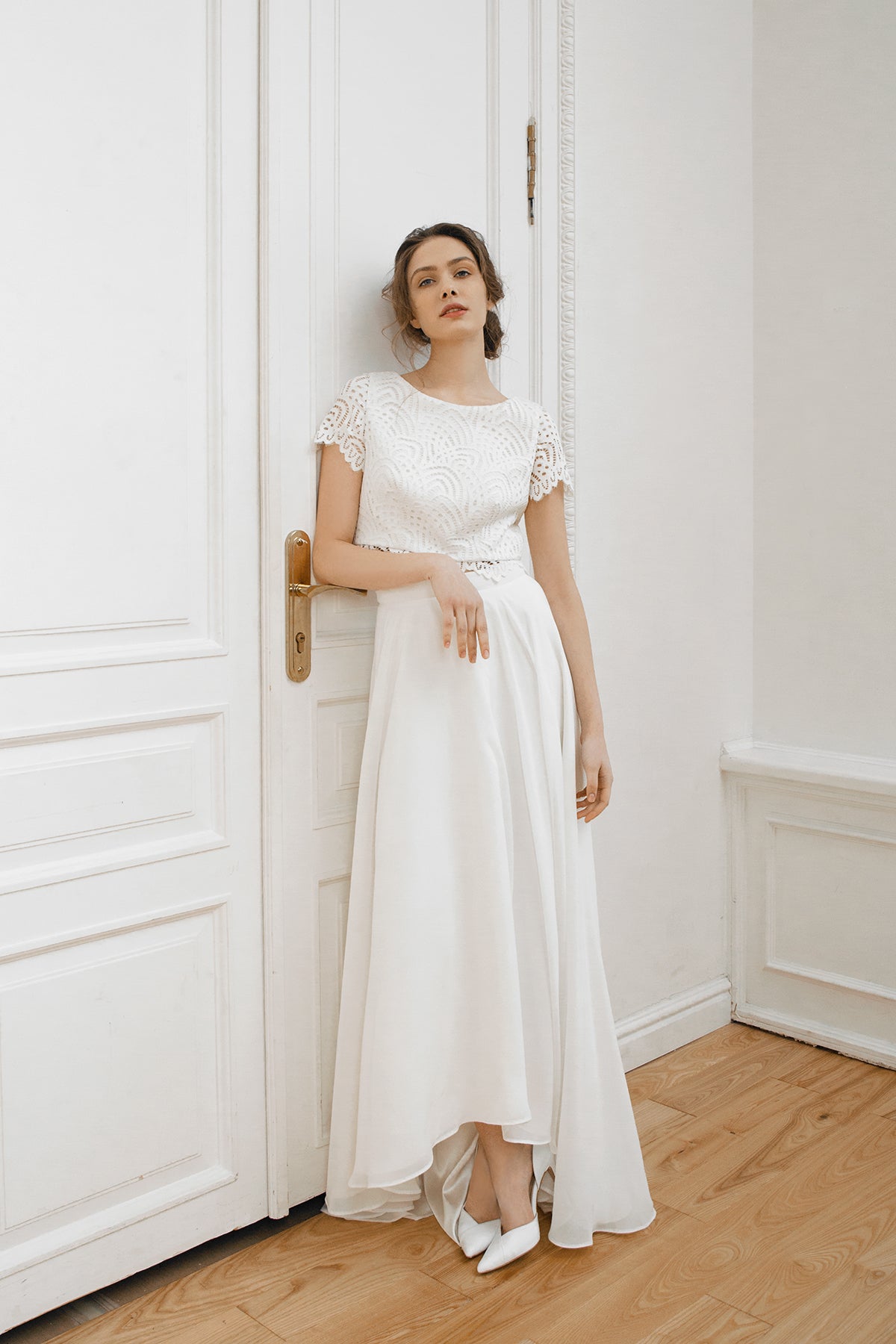 Crop top wedding dress • high low chiffon skirt • minimalistic wedding dress