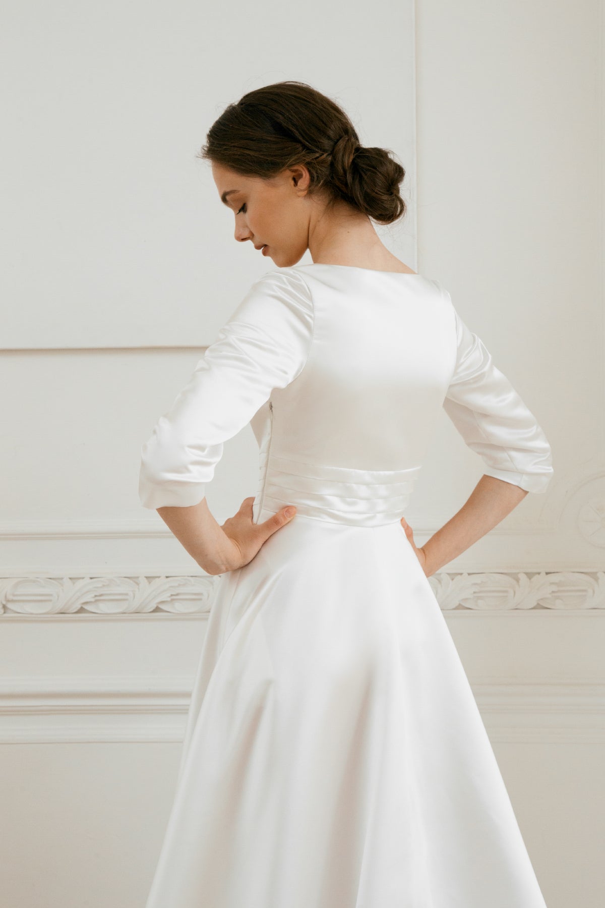Long sleeve wedding dress • simple wedding dress • deep v-neck • minimalist wedding dress • elegant bridal gown • modest wedding dress