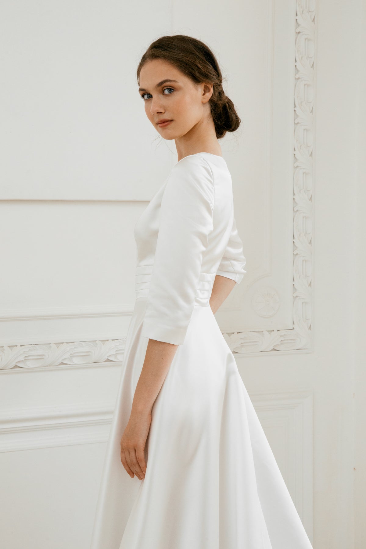 Long sleeve wedding dress • simple wedding dress • deep v-neck • minimalist wedding dress • elegant bridal gown • modest wedding dress