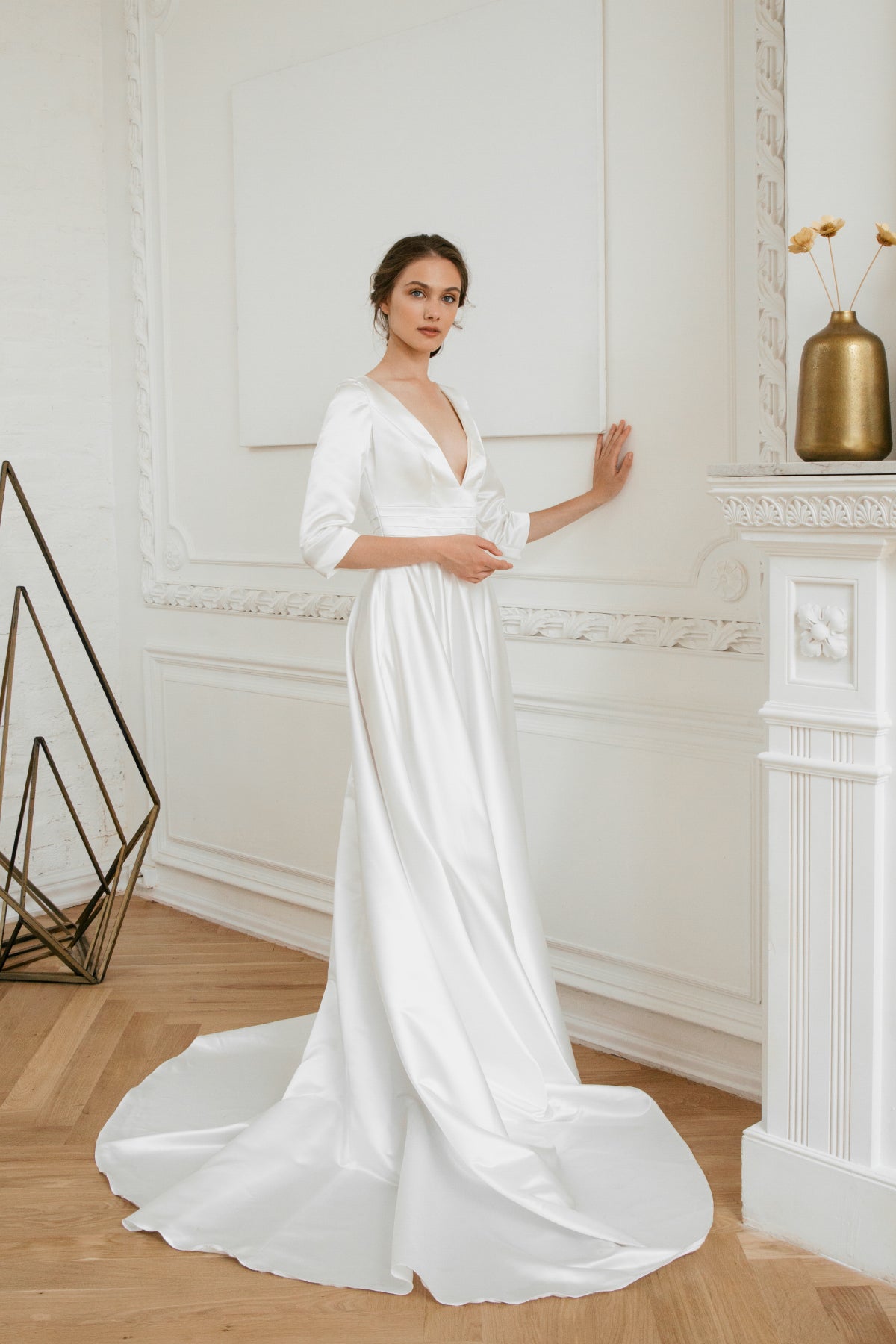 Long sleeve wedding dress • simple wedding dress • deep v-neck • minimalist wedding dress • elegant bridal gown • modest wedding dress