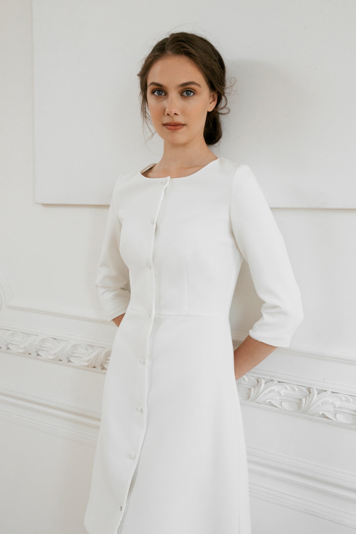 Short wedding dress • long sleeve wedding dress • midi wedding dress • minimalist wedding dress • rehearsal dinner • civil wedding dress