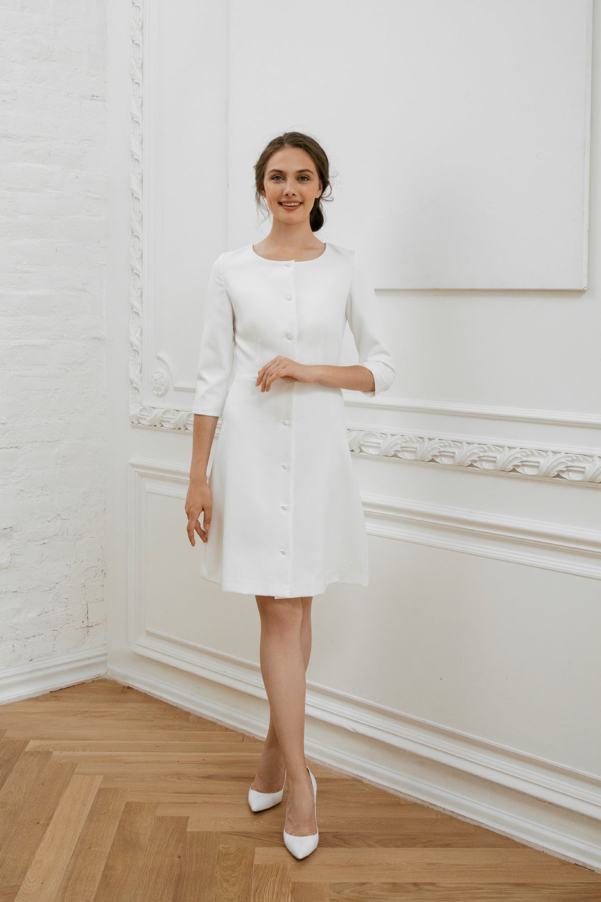 Short wedding dress • long sleeve wedding dress • midi wedding dress • minimalist wedding dress • rehearsal dinner • civil wedding dress