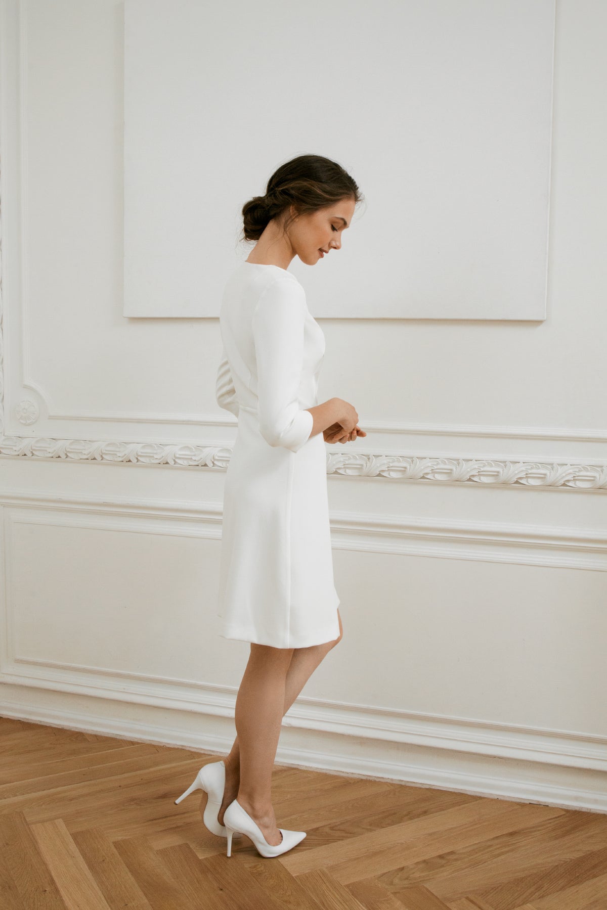 Short wedding dress • long sleeve wedding dress • midi wedding dress • minimalist wedding dress • rehearsal dinner • civil wedding dress
