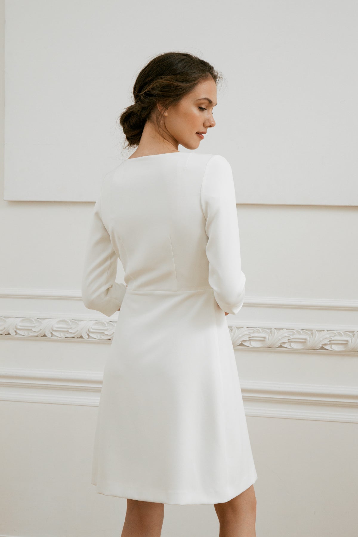 Short wedding dress • long sleeve wedding dress • midi wedding dress • minimalist wedding dress • rehearsal dinner • civil wedding dress