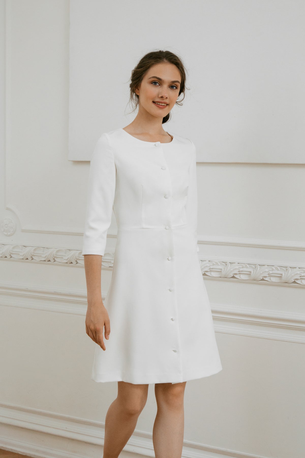 Short wedding dress • long sleeve wedding dress • midi wedding dress • minimalist wedding dress • rehearsal dinner • civil wedding dress