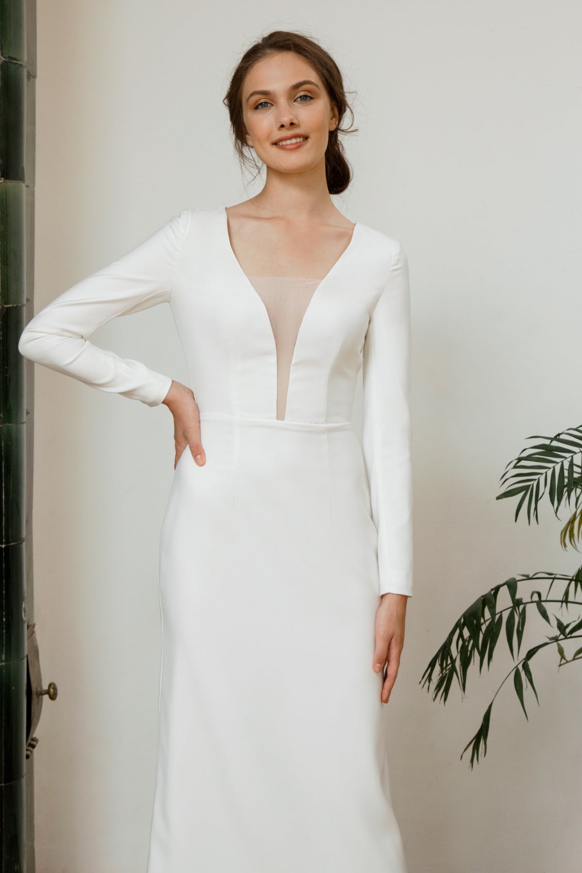 Satin wedding dress • midi wedding dress • modest wedding dress • romantic white dress • short wedding dress • reception dress