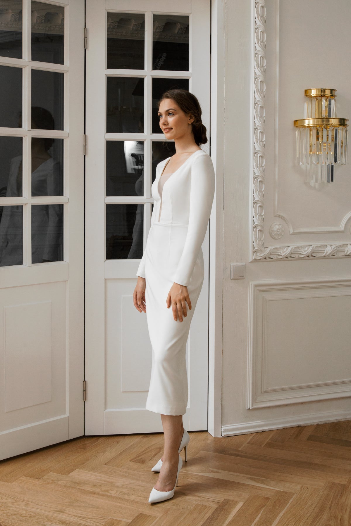 Satin wedding dress • midi wedding dress • modest wedding dress • romantic white dress • short wedding dress • reception dress