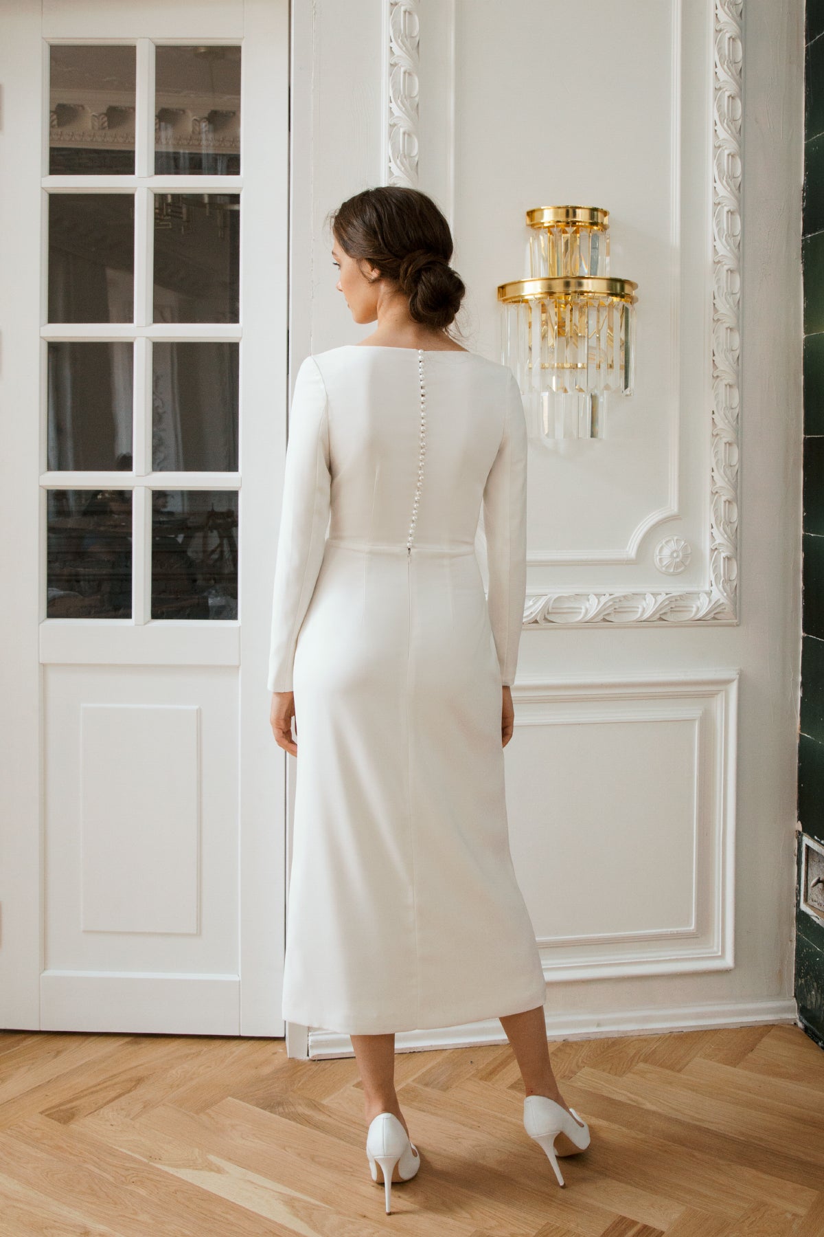 Satin wedding dress • midi wedding dress • modest wedding dress • romantic white dress • short wedding dress • reception dress