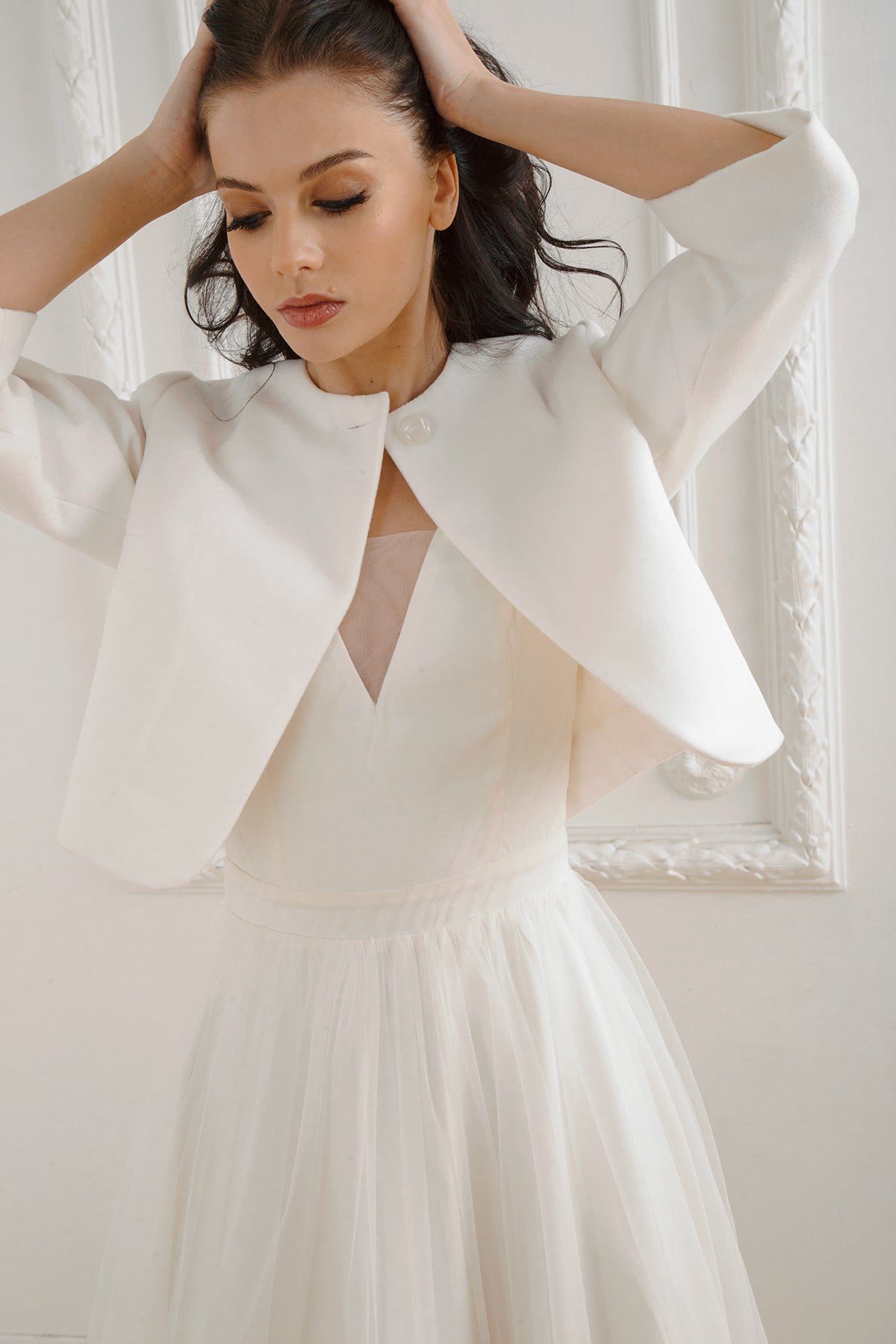 Wedding jacket with classic style. Bridal coat for wedding dress