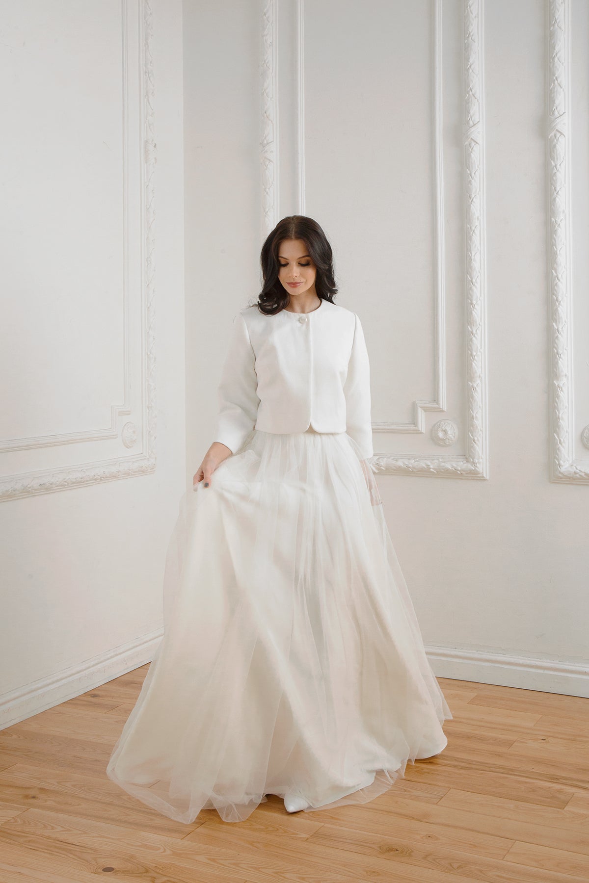 Wedding jacket with classic style. Bridal coat for wedding dress