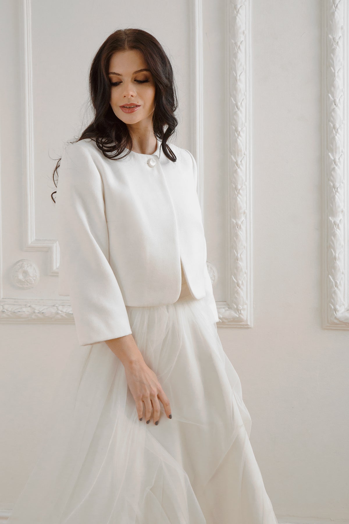 Wedding jacket with classic style. Bridal coat for wedding dress