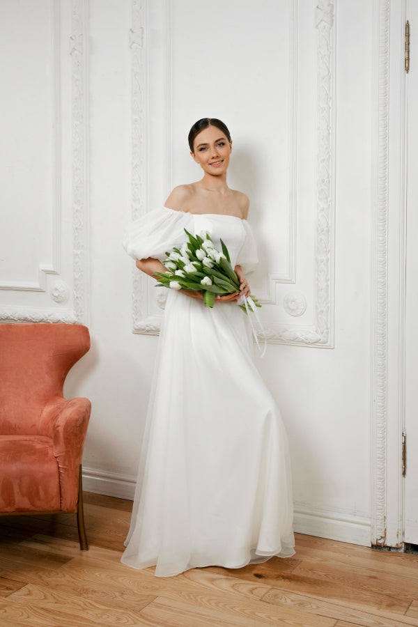 Off shoulder wedding dress • minimalist bridal gown