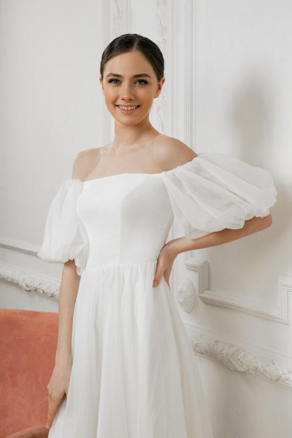 Off shoulder wedding dress • minimalist bridal gown