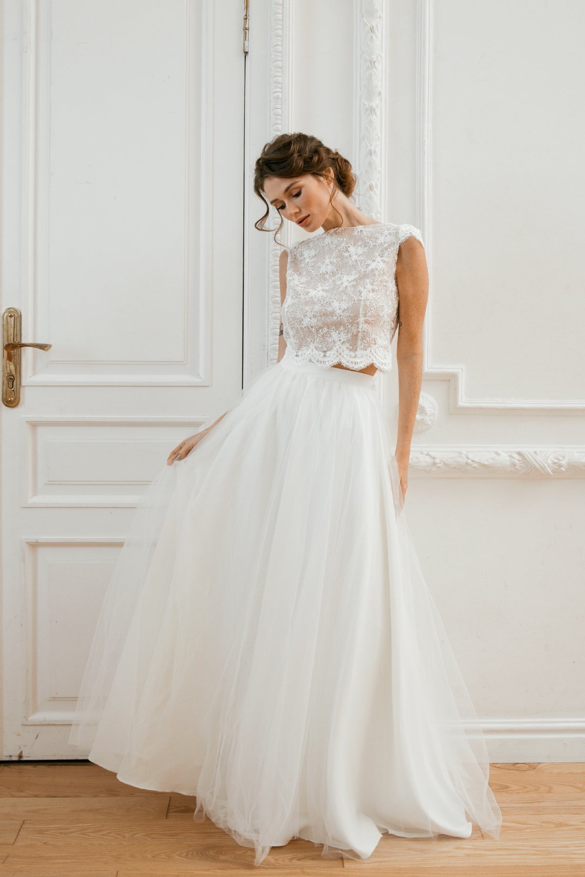 Lace crop top wedding dress • two piece bridal gown • alternative party dress