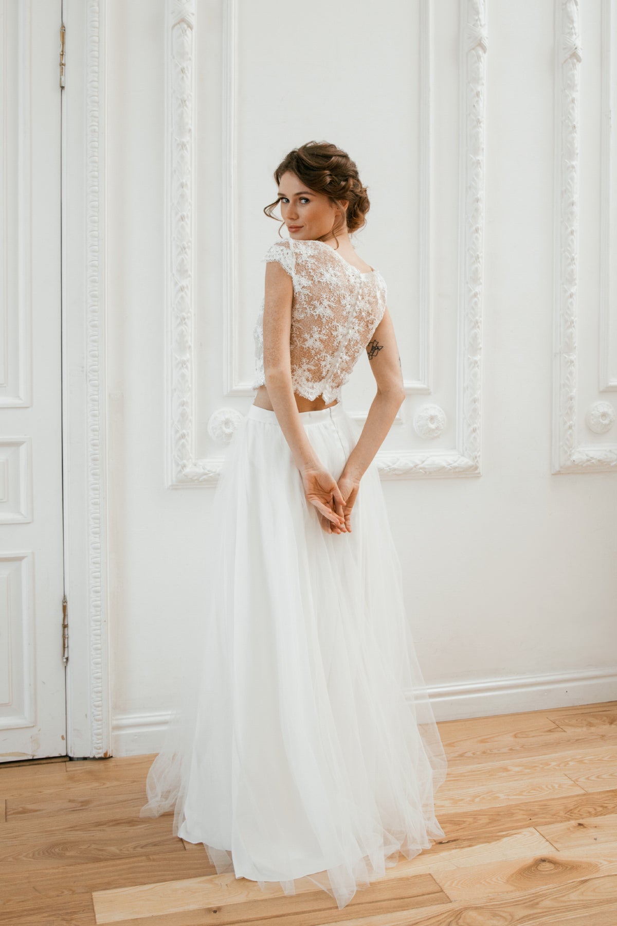 Lace crop top wedding dress • two piece bridal gown • alternative party dress