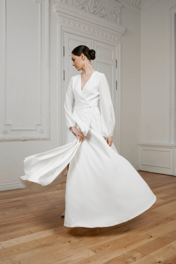 Crepe wedding dress • long sleeve • deep V-neckline • wrap style • romantic and sexy silhouette •