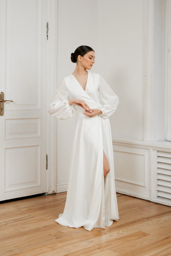 Crepe wedding dress • long sleeve • deep V-neckline • wrap style • romantic and sexy silhouette •